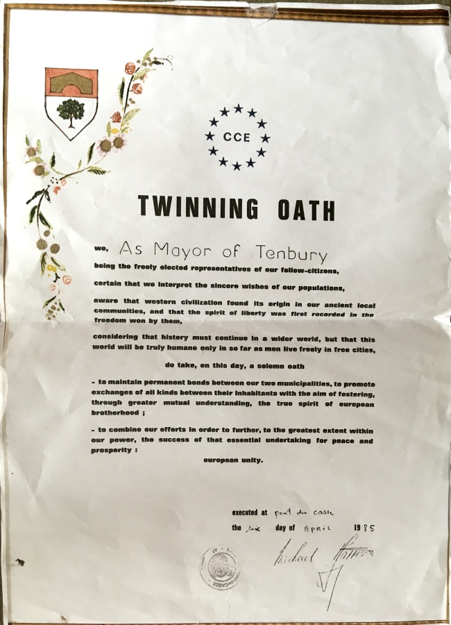 1985: The original Twinning Oath establishing the twinning, signed in Pont-du-Casse by then Mayor of Tenbury Michael Harrison.
